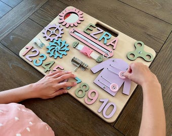 Personalized Busy Board for Toddlers, Activity Board, Handmade busy board, toddler Birthday gift, Baby Gift, Montessori Toys, Welcome baby