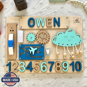 Personalized custom-made engraving on busy board. Personalized message boards. Engraved 1st birthday gift, Christmas present, christening baby personalized gift. Personalized engraving for toddler gift busy board.