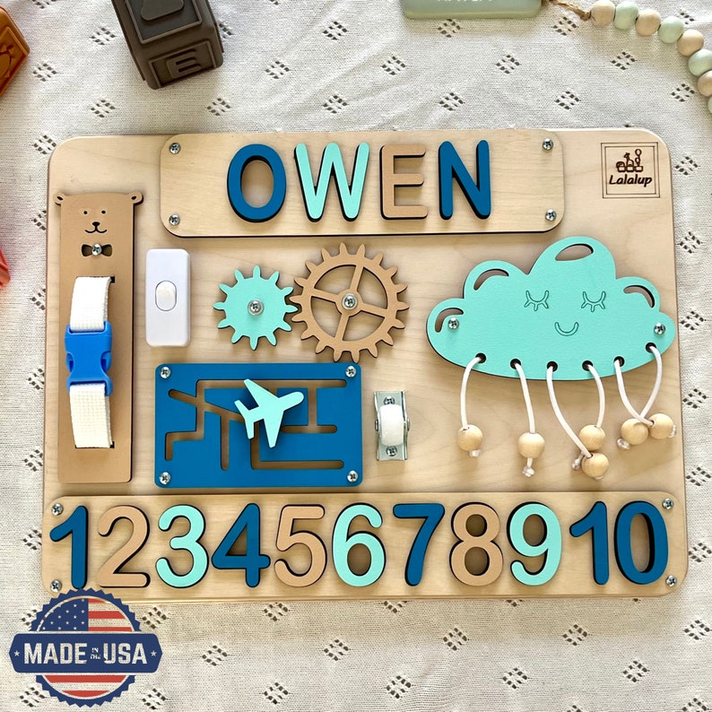 Personalized custom-made engraving on busy board. Personalized message boards. Engraved 1st birthday gift, Christmas present, christening baby personalized gift. Personalized engraving for toddler gift busy board.