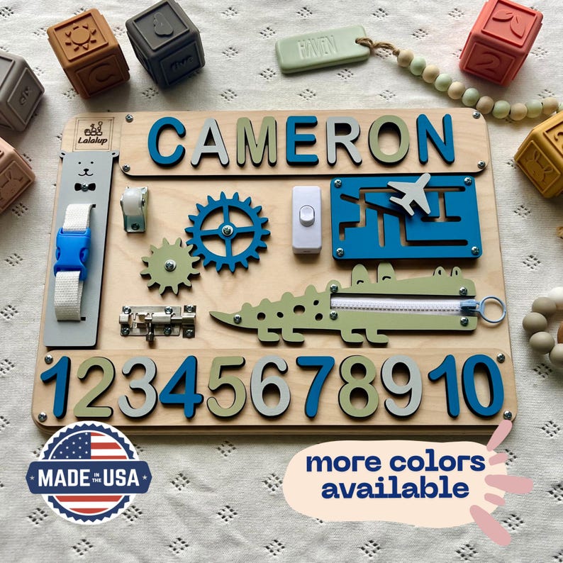 Educational Montessori busy board for toddlers with personalized puzzle name, shoe Velcro, shoe with lace, maze, zipper training, fun wheels, buckle opening and closing exercise, lock, switch and fun wheel. This busy board will keep your child busy.