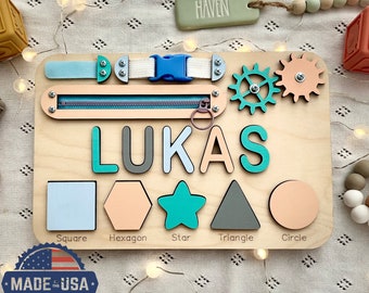 Personalized Toddlers Busy Board, Development Toys, Montessori Toys, Nursery Baby Decor, Baby Shower Gift, 1st Birthday Gift, Christmas Gift