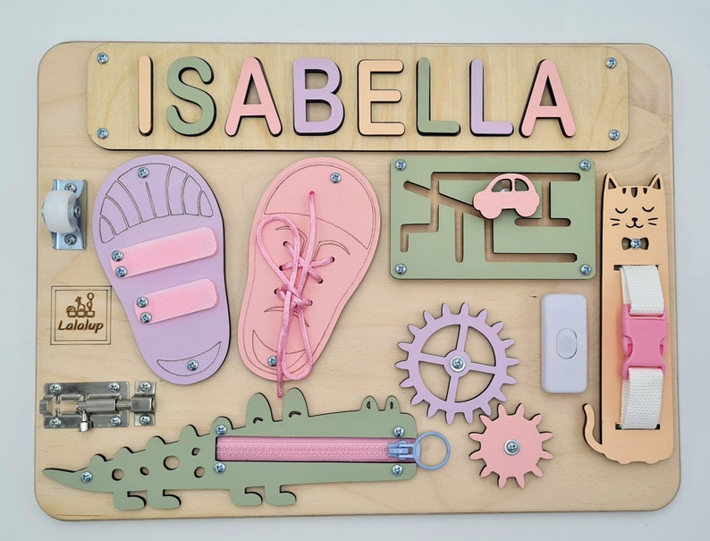 Educational Montessori busy board for toddlers with personalized puzzle name, shoe Velcro, shoe with lace, maze, zipper training, fun wheels, buckle opening and closing exercise, lock, switch and fun wheel. This busy board will keep your child busy.