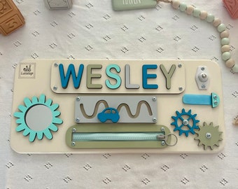 Personalized Puzzle Name Busy Board for Toddlers, Toddler Christmas Gift, Montessori Board, Wooden Sensory Board, 1st Birthday Baby Boy Gift