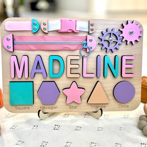 Personalized Toddlers Busy Board, Development Toys, Montessori Toys, Nursery Baby Decor, Baby Shower Gift, 1st Birthday Gift, Christmas Gift MADELINE