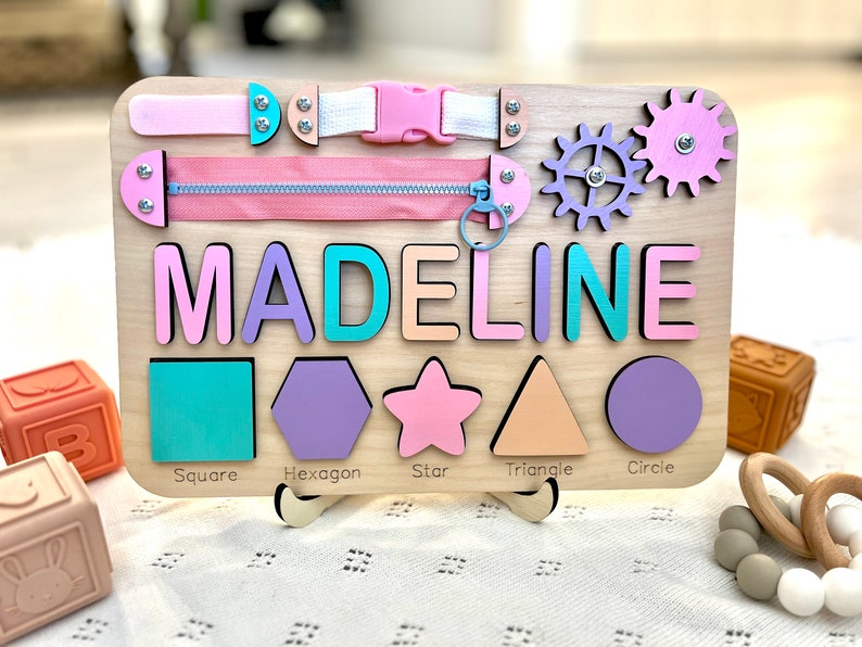 Personalized Toddlers Busy Board, Development Toys, Montessori Toys, Nursery Baby Decor, Baby Shower Gift, 1st Birthday Gift, Christmas Gift MADELINE