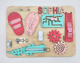 Personalized Wooden Busy Board, Personalized 1st Birthday Gift, Activity Board, Toddler Gift, Montessori Board, Developing Board, Baby Gift