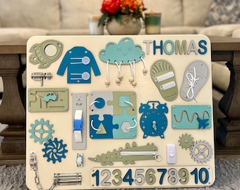 LARGE Personalized NAME & Puzzle Numbers Busy Board for Toddler, Personalized Gift, Montessori Wooden Toy-Birthday Gift-First Christmas Gift