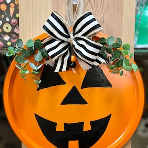 Hand Painted Jack-o-Lantern Door Hanger: Halloween Decor, 13&quot;