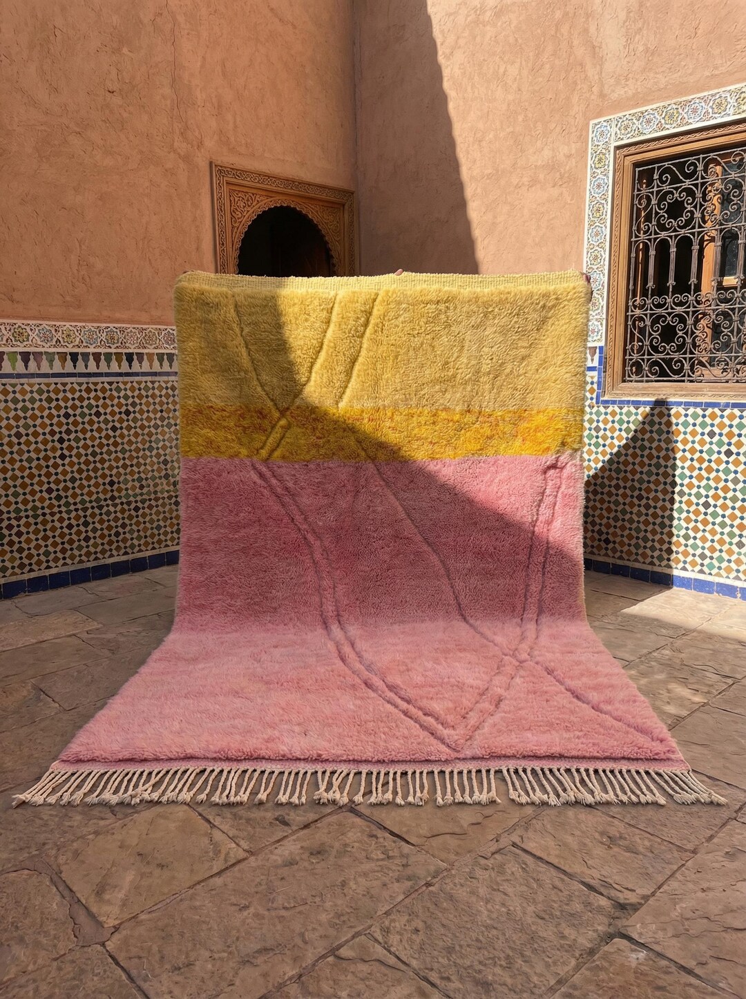 Beni Mrirt Pink Three Color Block Moroccan Rug - Wool 8x10 Area Beni ...