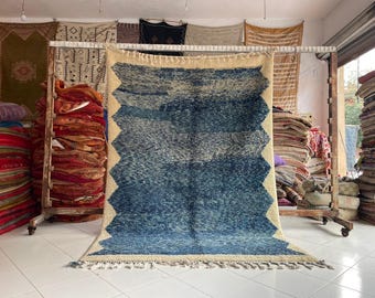 Custom Faded Blue Moroccan Rug - Wool Berber Morrocan 8x10 Rugs for Living Room
