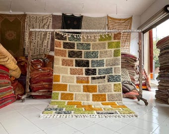 Custom Colorful Checkered Moroccan Rug - Handcrafted Tufted Wool Beni Ourain Morrocan 8x10 Rugs
