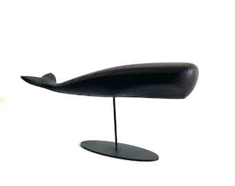 Oak Wood Sperm Whale Sculpture: Black & Brown Marine Decor