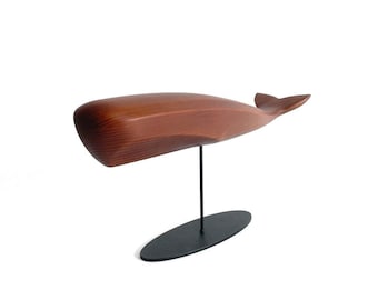 Oak Wood Moby Dick Sculpture: Sperm Whale Statue on Stand