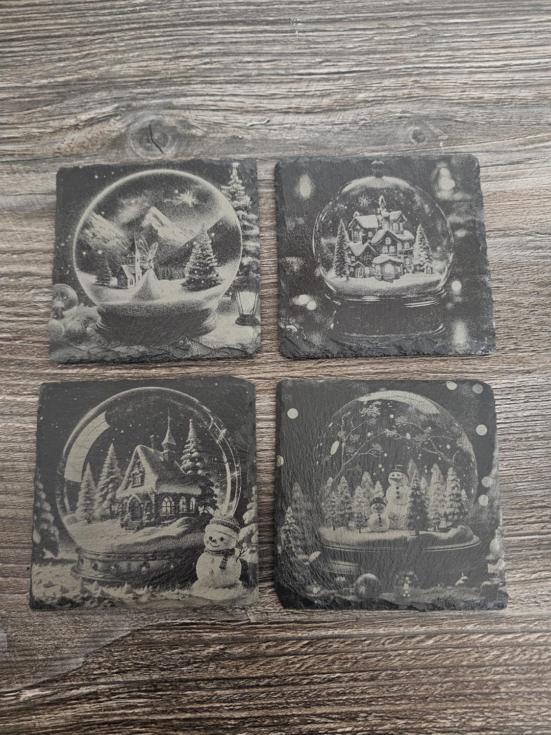 CUSTOM MADE Laser Engraved Christmas Snow Globes, Slate Coasters. Set ...