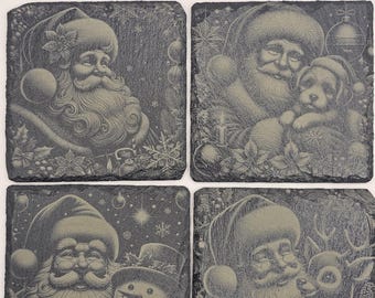 Porta-copos de ardósia com gravação a laser em formato de Papai Noel - Conjunto de 4 para Natal