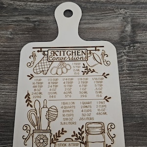 Op de afbeelding: Een houten snijplank voor keukenconversie met een handvat. Het bord heeft gegraveerde tekst en illustraties met details over de maten voor het koken. Bevat conversies voor kopjes, eetlepels, theelepels, ounces en milliliters.