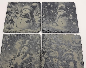 AMAZING CUSTOM MADE Laser Engraved Slate Coasters: Snowmen Set of Four
