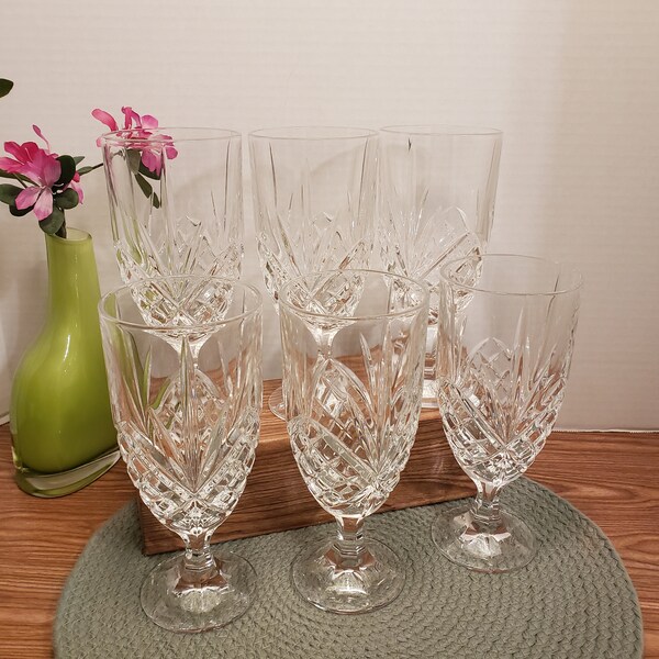 6 Godinger Dublin Shannon Crystal Footed Ice Tea / Water Goblets Stemware