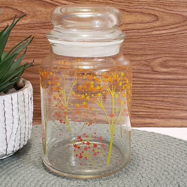 Vintage Anchor Hocking Orange Yellow Trees Glass Dome Top Jar Canister