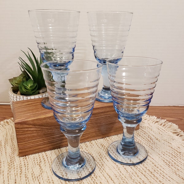 Set of 4 Vintage Libbey Sirrus Blue Ribbed Water Goblet Glasses