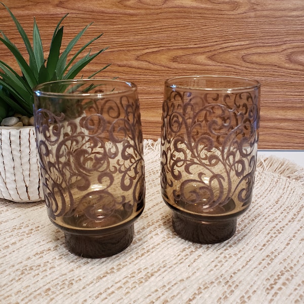 Set of 2 Vintage Libbey Prado Smokey Brown Scroll 10oz. Tumblers