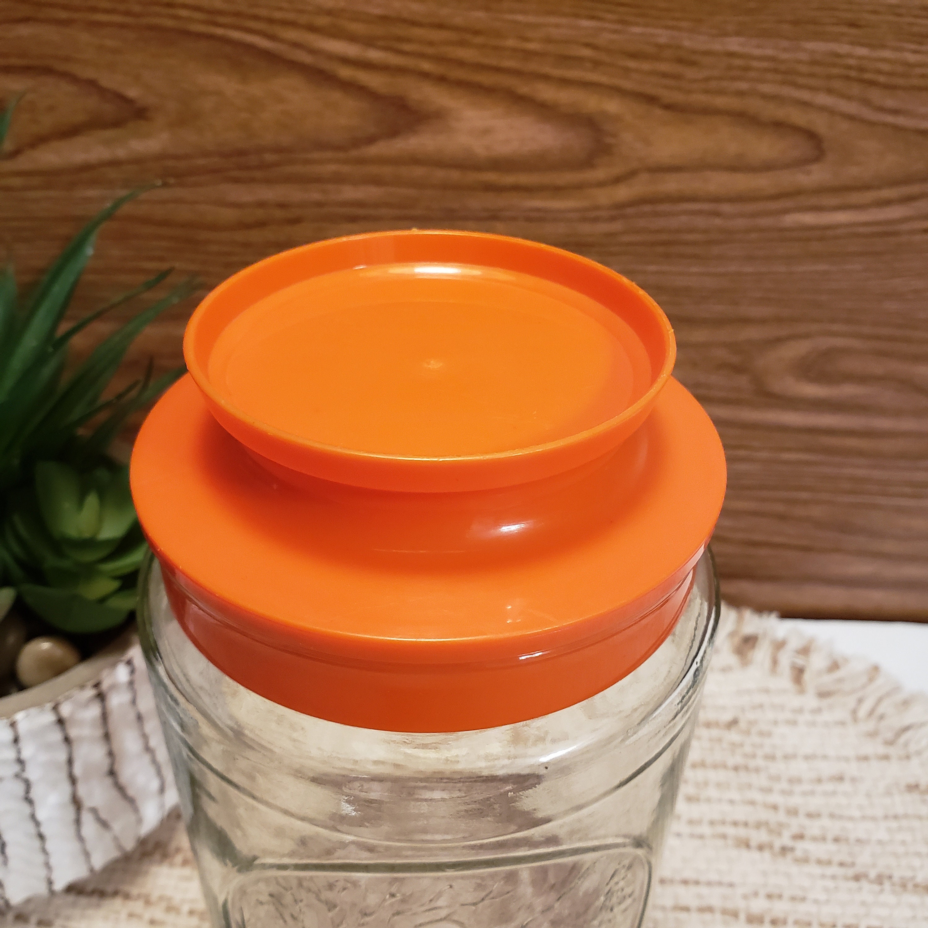Vintage Milk Glass Tang Jar Canister Embossed Daisies Orange Plastic Lid