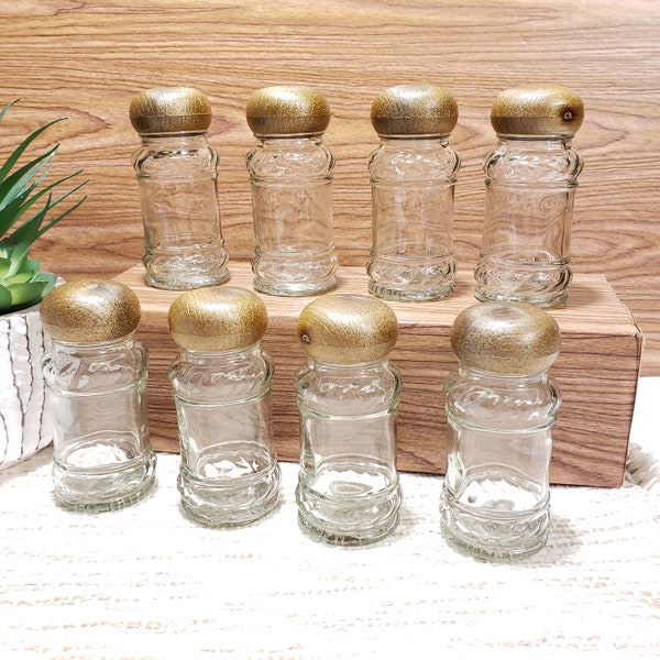 Vintage Mushroom Top Glass Spice Jars w/Faux Wooden Lids