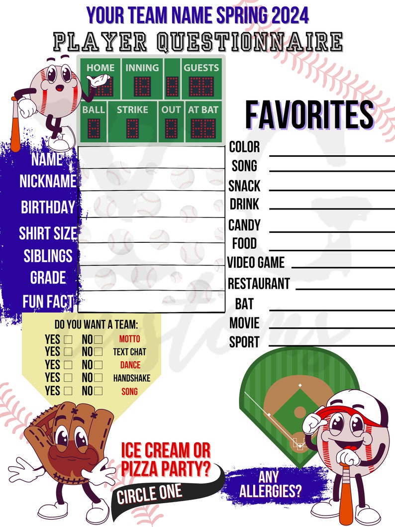 Custom Player Questionnaire Baseball Team Mom Youth Team Sports Etsy
