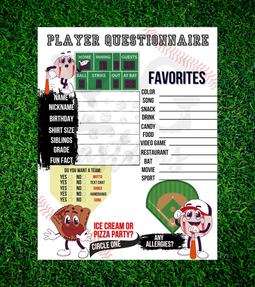 Player Questionnaire baseball Team Mom Youth Team Sports Etsy