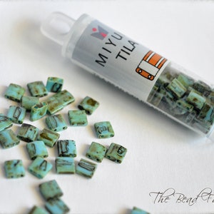 5mm Miyuki Tila Beads - Opaque Seafoam Green Picasso #4514. 7.2 grams tila beads