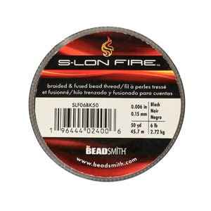 May include: S-LON FIRE braided and fused bead thread in black, 0.006 inches in diameter, 50 yards, 6 pounds. The spool is labeled with the brand name Beadsmith and the website www.beadsmith.com.