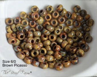 Miyuki 6/0 Glass Seed Beads - Opaque Brown Picasso #4517  -   30 grams  - 50 grams