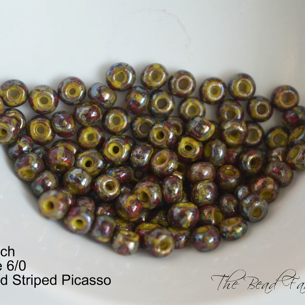 Czech Preciosa  6/0 Glass Seed Beads - Aged Striped Travertine Czech beads