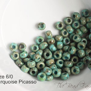 Miyuki 6/0 Glass Seed Beads - Opaque Turquoise Picasso 4514.  15 grams - 30 grams - 50 grams