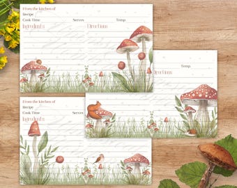 May include: Three printable recipe cards featuring a woodland theme with mushrooms, a squirrel, and a bird. Each card has lines for writing down the recipe name, cook time, ingredients, directions, servings, and temperature.
