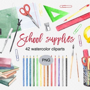 School Supplies Watercolor Clipart, Back to School Watercolor Set, Stationery Png File, School Clip Art, Png Download, Commercial Use Png