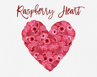Raspberry Heart Watercolor Clipart: Hand-Painted PNG (Commercial Use)