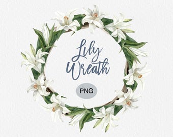 Easter Lily Wreath Watercolor Clipart: White Lily Floral Frame PNG (Commercial Use)