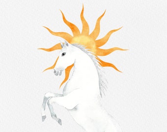 Watercolor White Horse Clipart: Sun, Celestial Art (PNG Files)