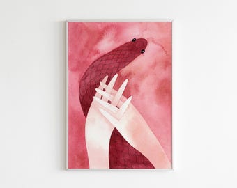 Snake and Hands Watercolor Print: Symbolic Intimacy Art (Digital Wall Art Poster)