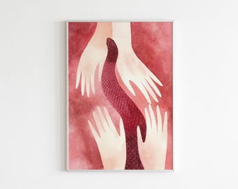 Snake and Hands Watercolor Art Print: Surreal Feminine Poster (Digital Download)