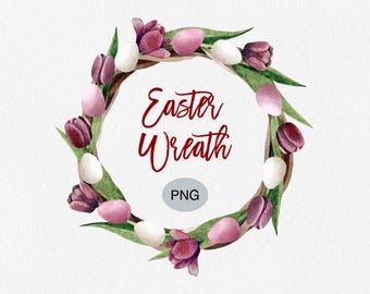 Easter Tulip Wreath Watercolor Clipart, Spring Floral Frame with Eggs, Round Floral Border PNG