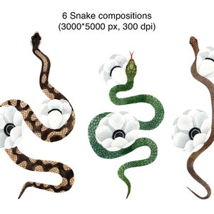 May include: Six watercolor illustrations of snakes with white flowers. The snakes are in various poses and colors, including brown, green, and black.