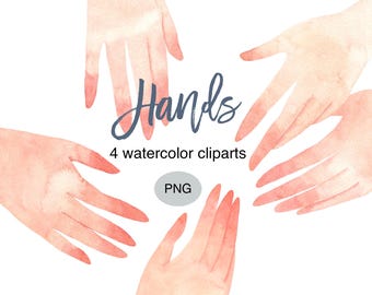 Watercolor Hands Clipart Set: 4 PNG Illustrations High Resolution, Hand Painted, 300 dpi (Commercial Use)