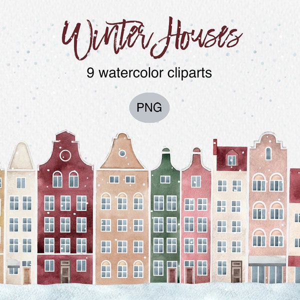 Watercolor House Clipart, Winter Houses Png, House Illustration, Winter Watercolor, Christmas Town, Watercolor Clipart, Commercial Use