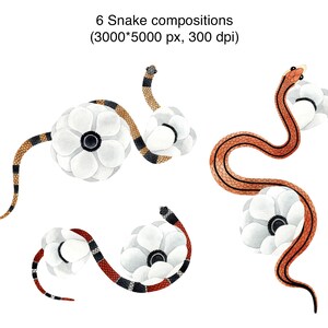 May include: Six watercolor illustrations of snakes curled around white flowers. The snakes are in various colors, including red, orange, black, and white.