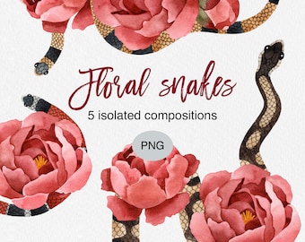 Floral Snake Watercolor Clipart: Hand-Painted PNG for Commercial Use