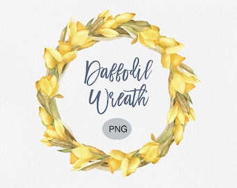 Easter Daffodil Wreath Watercolor Clipart: Yellow Narcissus Floral Round Frame PNG (Commercial Use)