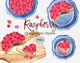 Watercolor Raspberry Clipart: Hand-Painted Food Illustrations (PNG Files)
