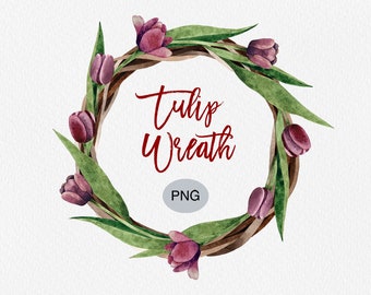 Aquarell Tulpe Kranz Clipart: Frühling Blumen PNG (Kommerzielle Nutzung)